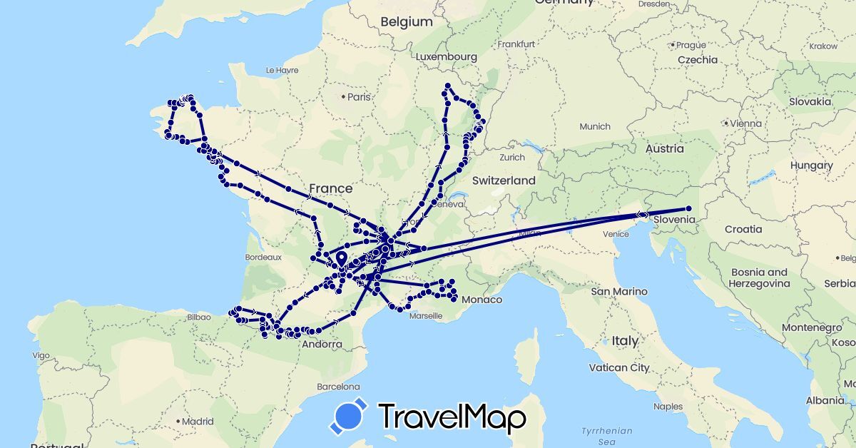 TravelMap itinerary: driving in Spain, France, Slovenia (Europe)